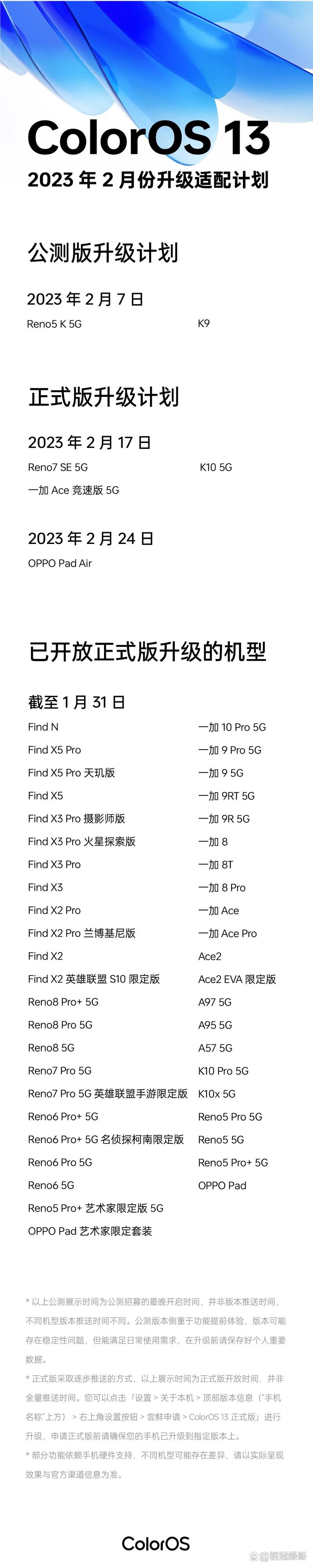 android13适配机型升级名单